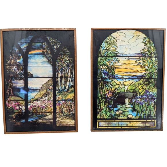 Pair Vintage Pictures Somber CEMETERY ART Prints Tiffany Stained Glass Memorials - Picture 1 of 5